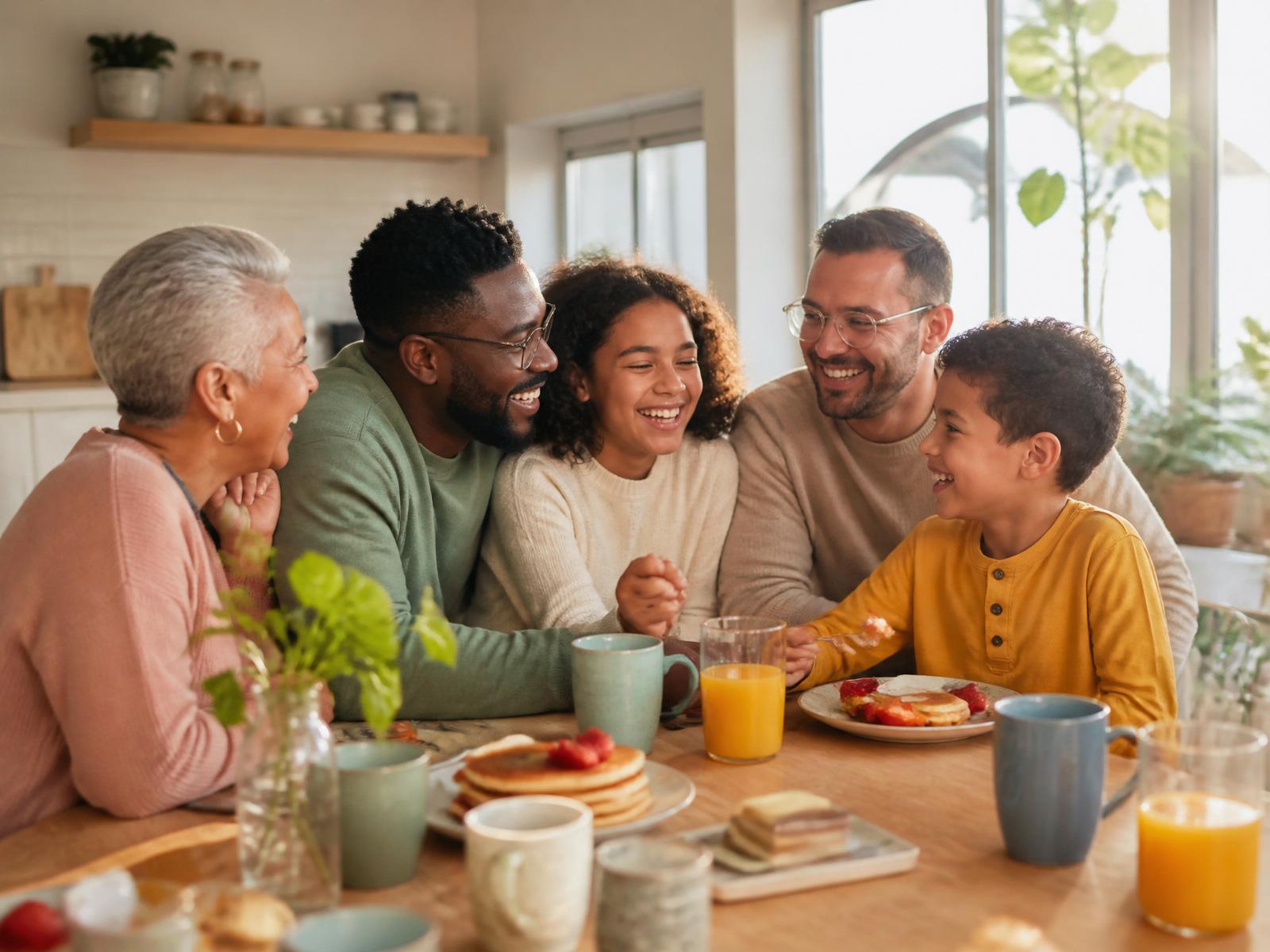 A diverse multigenerational family laughing around a sunlit breakfast table